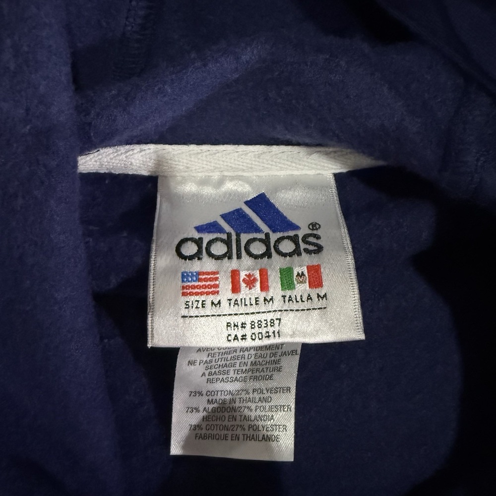 Vintage 90s Adidas Navy Blue Fleece Hoodie Three Stripes Size Medium Y2K - Picture 4 of 8